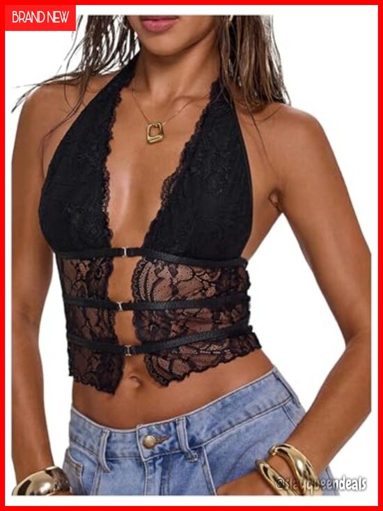 Tops - Y2k Lace Halter Crop Top Sheer Mesh Going Out Top